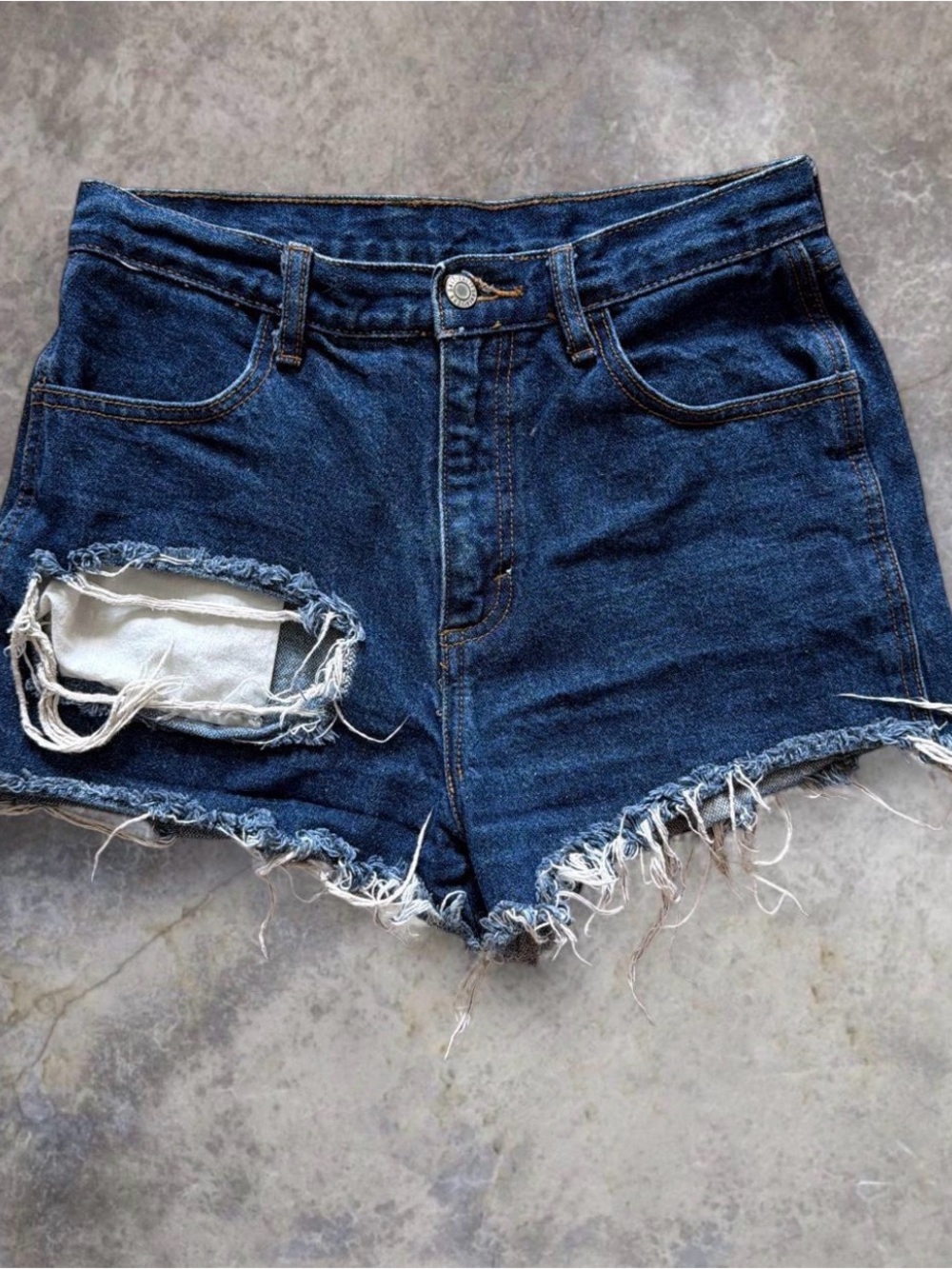 Vintage 2000s Chic Frayed Hem Dark Blue Denim Mini Shorts